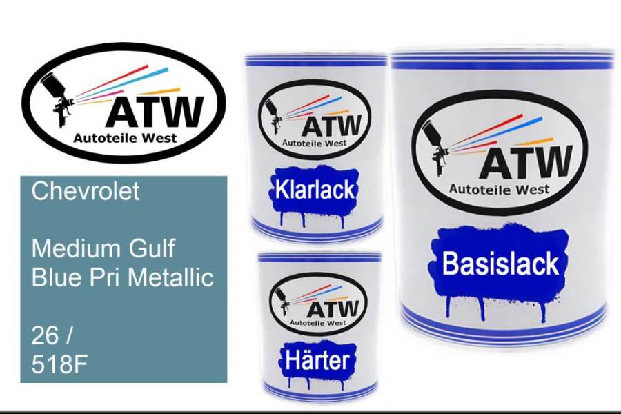 Chevrolet, Medium Gulf Blue Pri Metallic, 26 / 518F: 1L Lackdose + 1L Klarlack + 500ml Härter - Set, von ATW Autoteile West.